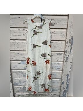 Vintage Victoria Moon Linen 90s Y2K Floral Sleeveless Jumper  Beachy Maxi Dress